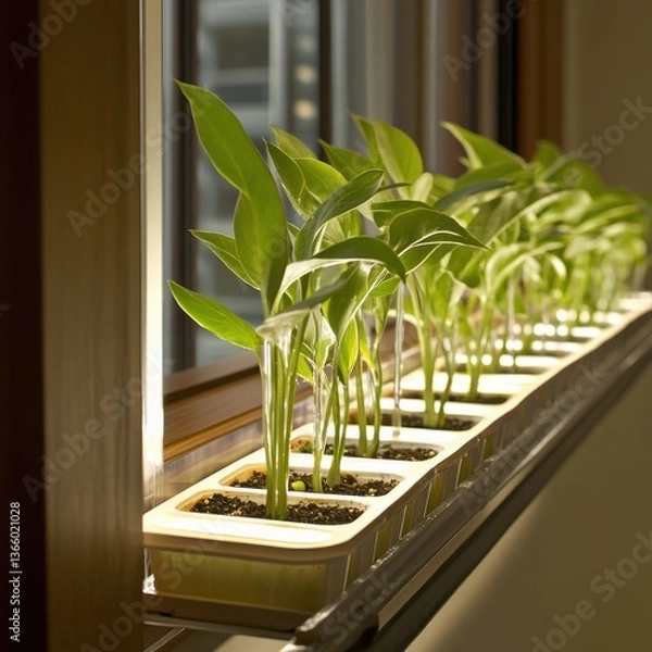 Fototapeta Botanical image of cultivated plants thriving in a greenhouse environment.