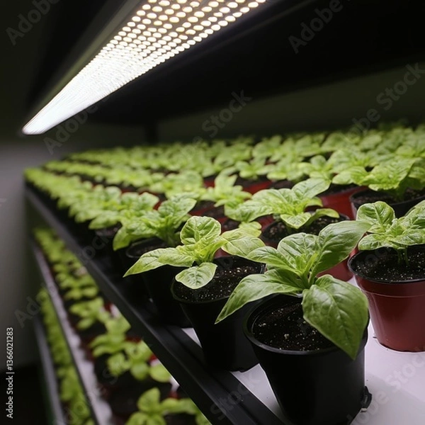 Fototapeta Botanical image of cultivated plants thriving in a greenhouse environment.