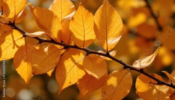 Fototapeta Autumnal Elegance A close up shot of diverse leaves in various shades of gold and amber, arranged in a spiral design