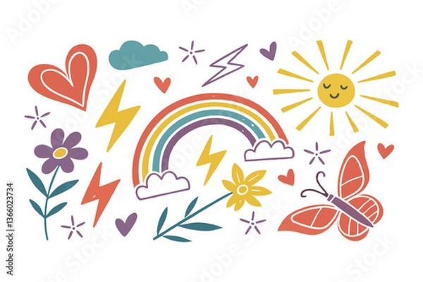 Fototapeta Hand-Drawn Crayon Doodle Set: Playful Hearts, Stars, Clouds, Rainbow, Lightning, Flowers, Arrows, Notes, Sun, Moon, Butterfly, and More in a Fun Childlike Artistic Style Vector Illustration