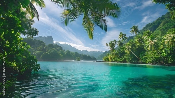 Obraz A hidden tropical paradise with a turquoise lagoon and exotic palm trees swaying in the breeze