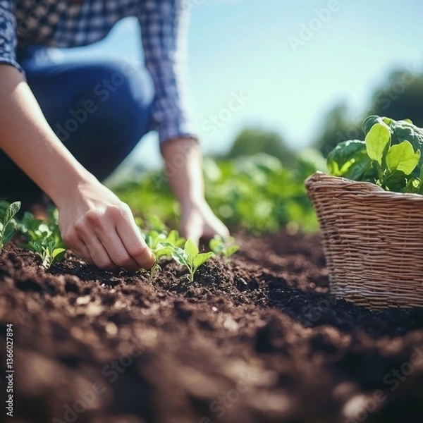 Fototapeta Person hands gently tending to seedlings in a lush garden.