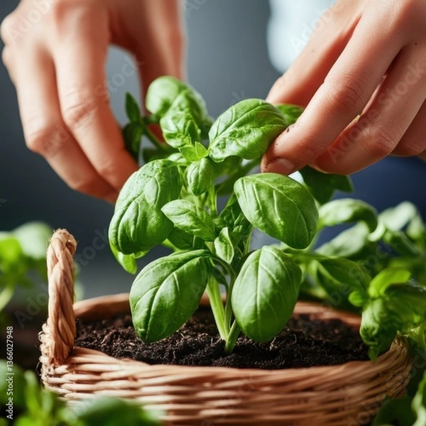 Fototapeta Person hands gently tending to seedlings in a lush garden.