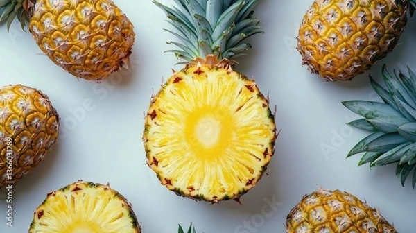 Fototapeta A clean white surface artfully showcases a freshly sliced pineapple with its juicy yellow interior, surrounded by whole pineapples, evoking tropical freshness.