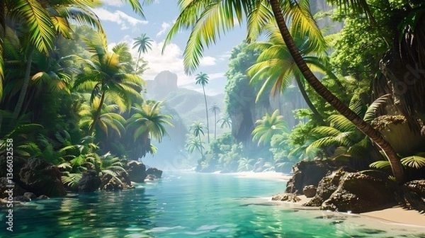Obraz A hidden tropical paradise with a turquoise lagoon and exotic palm trees swaying in the breeze