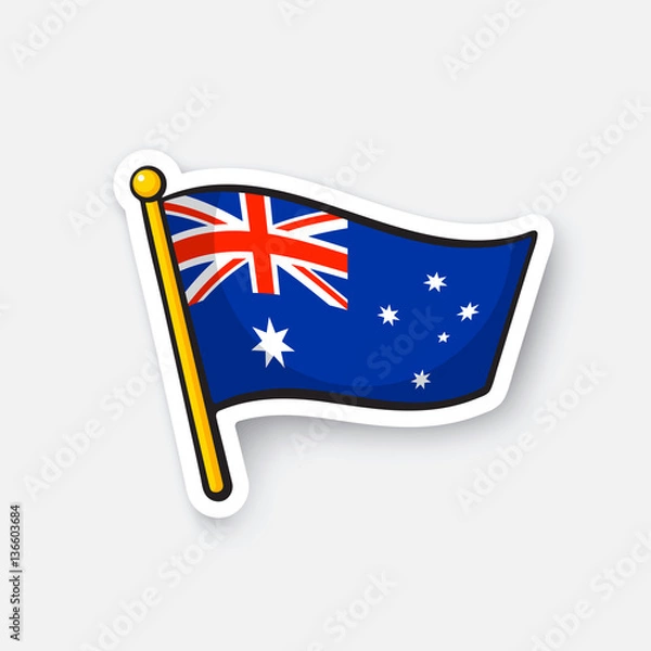 Fototapeta Vector illustration. Flag of Australia on flagstaff. Checkpoint symbol for travelers. Cartoon sticker with contour. Decoration for greeting cards, posters, patches, prints for clothes, emblems