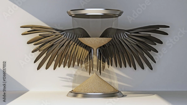 Obraz surreal and minimalist hourglass with outstretched wings, symbolizing the passage of time and the beauty of life. 3d rendering