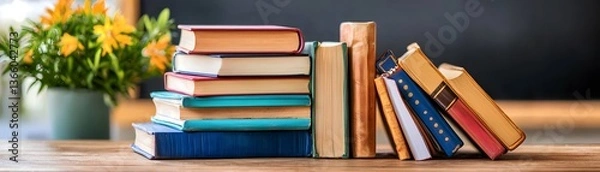 Fototapeta Hyperrealistic closeup of neatly stacked books on a wooden table indoor setting artistic composition