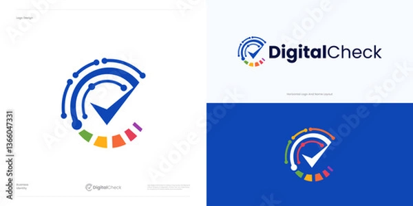 Fototapeta Digital check logo icon design vector, circle with checkmark colorful semicircle cut, symbol checks for technology, data, pixel, cyber security, software, verified verification, checker brand identity