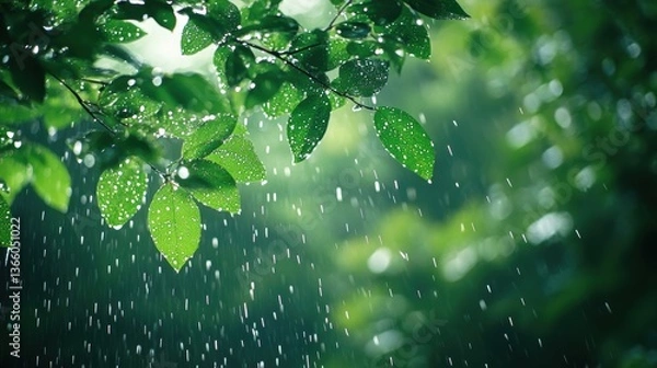 Obraz A rainy season wallpaper with soft rain falling on a forest landscape, with mist rising from the trees and gentle raindrops on leaves
