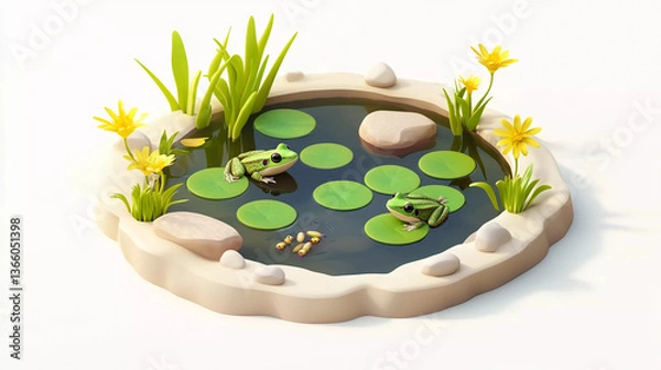 Fototapeta Charming 3D pond scene with frogs, lily pads, and blooming flowers in a vibrant setting