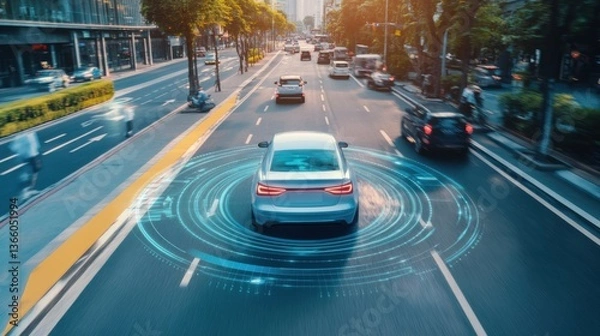 Fototapeta An AI powered autonomous car navigating city streets, adjusting to traffic conditions, and ensuring a safe driving experience