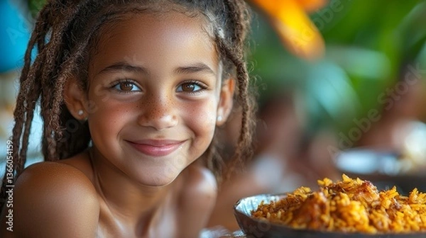 Fototapeta Young girl smiling happily while enjoying a delicious bowl of rice in a vibrant outdoor setting surrounded by greenery
