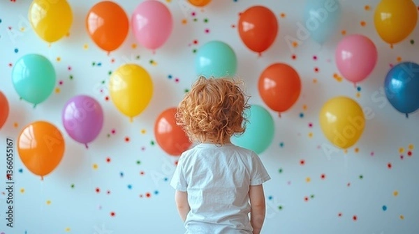 Fototapeta Child gazes at a colorful balloon wall, capturing the essence of celebration and childhood wonder in a joyful setting
