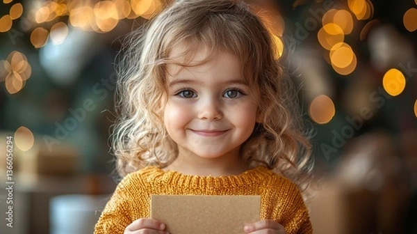 Fototapeta Cheerful child holding a blank card in a cozy and festive setting with warm bokeh lights in the background