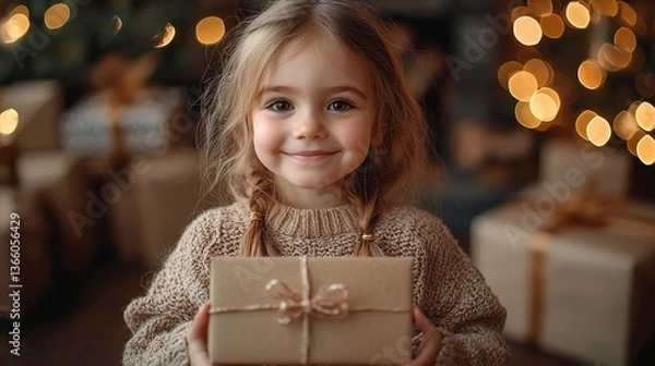 Fototapeta A joyful girl holding a beautifully wrapped gift in a festive, glowing Christmas setting filled with presents