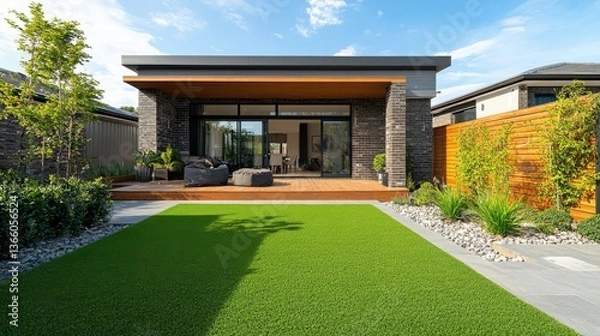 Fototapeta Modern Backyard Retreat: Artificial Lawn & Deck with Stylish Seating and Contemporary Brickwork