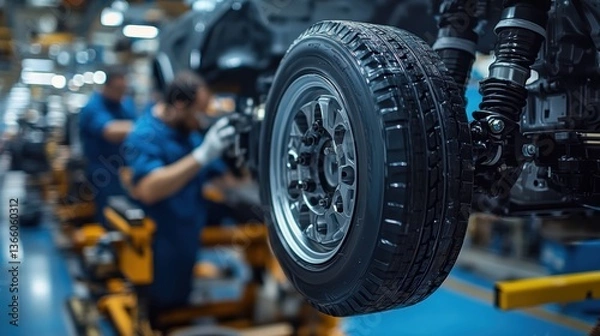 Obraz A close-up of an automotive factory where workers are assembling car parts with precision, installing wheels, engines, and electronics
