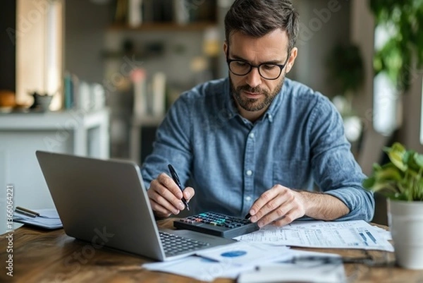 Fototapeta Man engaged in financial or administrative work seated at table at home office, using calculator, pay bills through e-banking system on laptop, review documents, busy in personal finances management