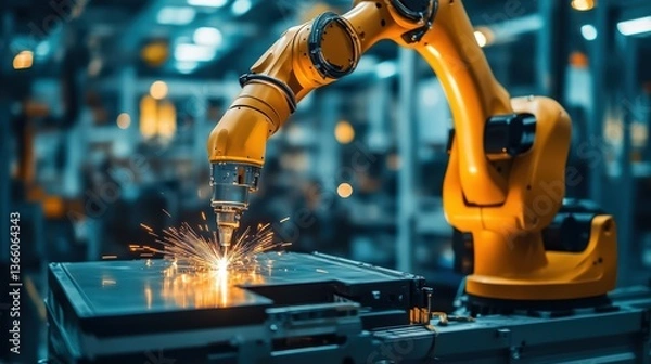 Obraz A cutting-edge robotic arm performing complex tasks like welding, painting, and assembly in a high-tech manufacturing environment