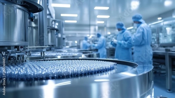 Obraz A pharmaceutical factory where large machines are used to produce medicines, with workers overseeing the process for safety and efficiency