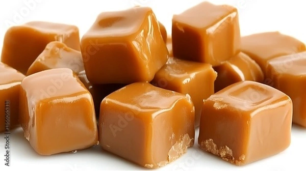 Fototapeta Delicate Caramel Cubes on a White Background Displaying a Gourmet Treat