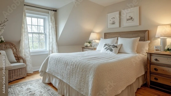 Obraz A welcoming guest room with a comfortable bed, soft linens, and cozy decor, offering a relaxing space for visitors to feel at home