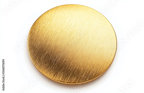 Fototapeta A shiny golden round disc with a brushed texture on a plain white surface in a studio setting