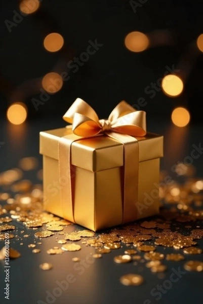 Fototapeta A Luxurious Golden Gift Box Adorned with a Shiny Satin Bow, Resting on a Bed of Sparkling Golden Confetti Against a Dark Background with Subtle Bokeh Lights