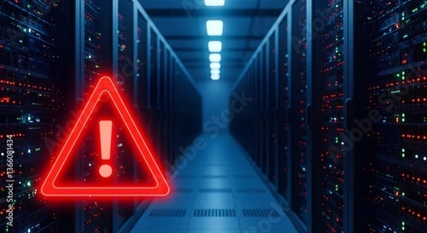 Fototapeta A dimly lit server room with rows of black server racks glowing blue. A bold red warning triangle with an exclamation mark hovers, symbolizing cybersecurity risks, system failures, or data breach



