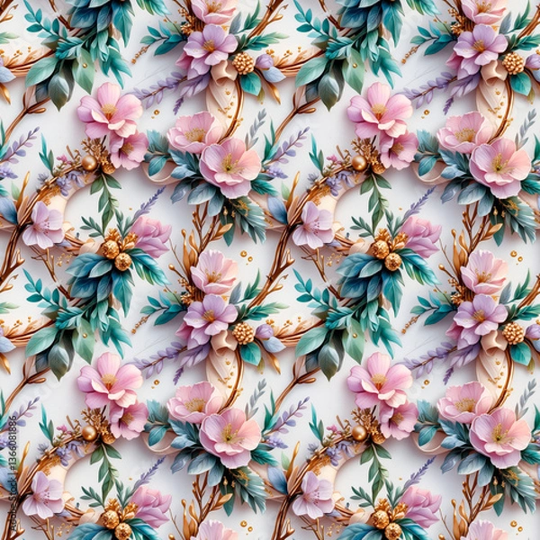 Fototapeta Elegant floral pattern with pastel flowers and gold accents