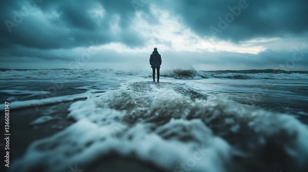 Fototapeta Solitude at the Shoreline: A Person Contemplates the Tumultuous Sea