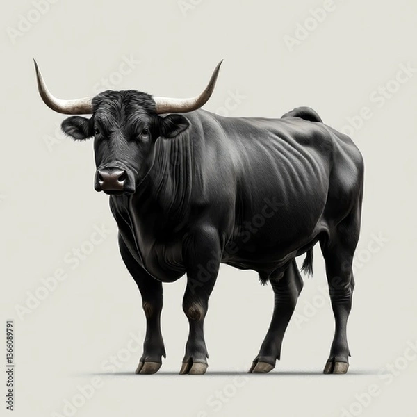 Fototapeta Isolated black bull showcases strength on a minimalistic background.