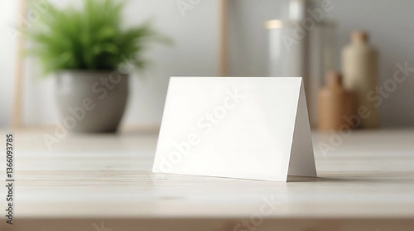 Obraz Minimalist Visit Card on Table with Scandinavian Interior and Green Plant – Mockup Ready  

