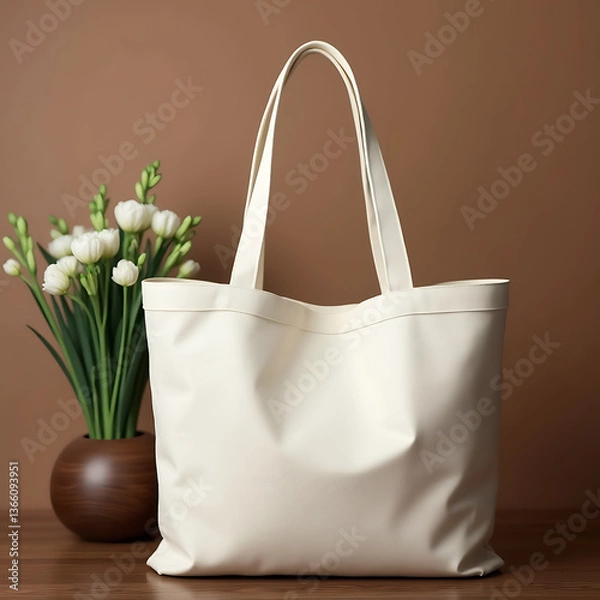 Fototapeta White Burlap Bag for Mocha Apparel with Scandinavian-Style Background – Minimalist Design  
