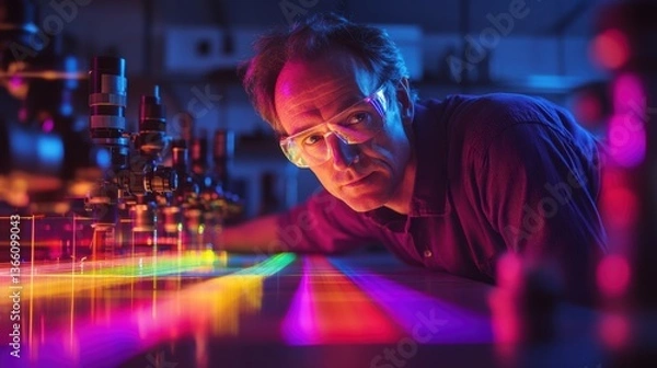 Obraz A physicist experimenting with light beams in a dark lab, using lasers and prisms to split light into a spectrum