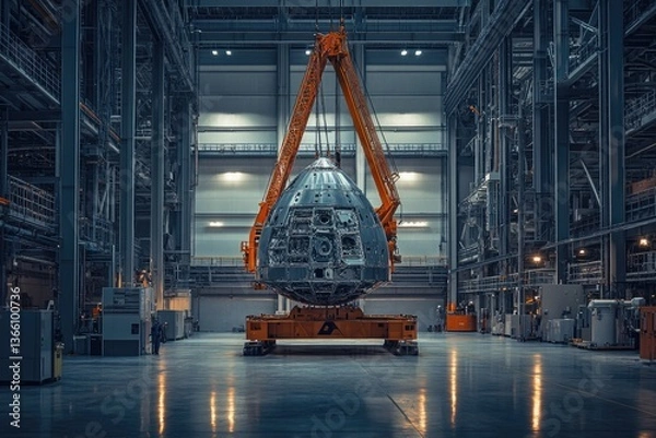 Obraz A large spacecraft capsule is being lifted and transported inside a massive industrial facility.