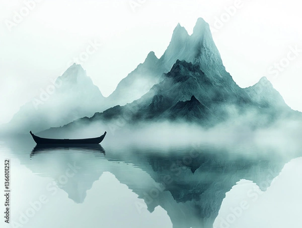 Fototapeta landscape with a calm lake reflecting the surrounding mountains. A small boat is visible on the lake, and the mountains in the background are partially covered in mist, creating a tranquil and picture