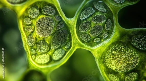Obraz A close-up of plant cells under a microscope, with intricate details of chloroplasts and cell walls visible