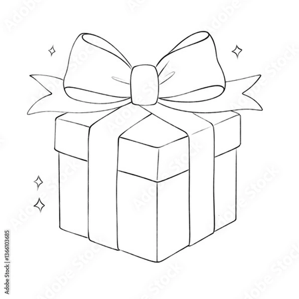 Fototapeta Charming line art of a wrapped gift box with a large bow and sparkles, perfect for festive, holiday, or celebration-themed designs.