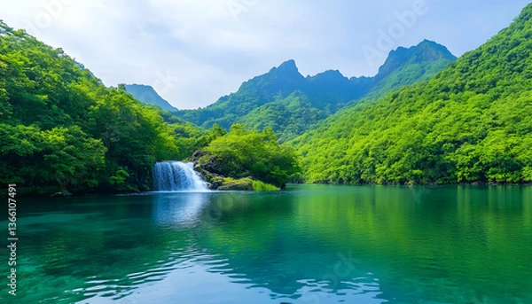 Obraz Serene mountain lake with waterfall Lush greenery surrounds tranquil water