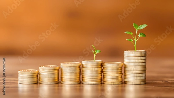 Fototapeta Green Plant Growing from a Stack of Coins Representing Financial Growth and Investment