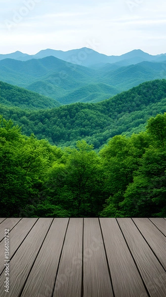 Obraz Serene mountain vista with wooden deck foreground