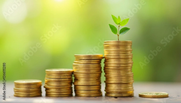Fototapeta Green Plant Growing from a Stack of Coins Representing Financial Growth and Investment