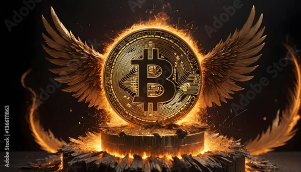 Fototapeta Fantasy Art: A golden Bitcoin surrounded by fiery, glowing feathers, rising from the ashes like a digital phoenix.