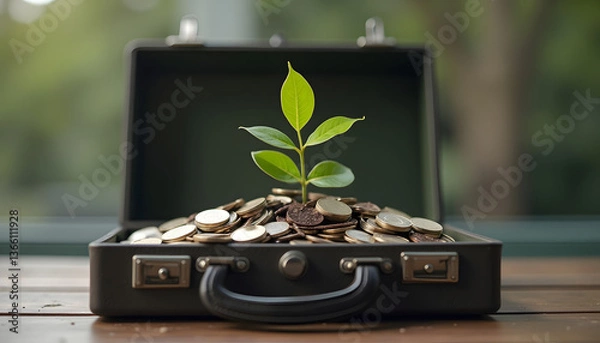 Fototapeta A briefcase partially open, with a small green plant growing from the pile of coins inside.
