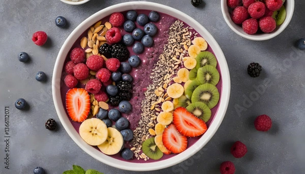Fototapeta A beautifully crafted smoothie bowl with a vibrant, thick base of blended acai or mixed berries, topped with an assortment of fresh, colorful ingredients.
