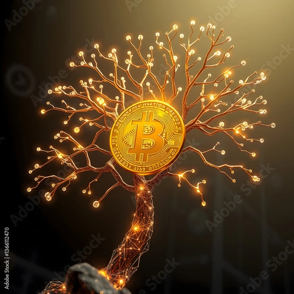 Fototapeta A golden Bitcoin coin growing on a futuristic digital tree, with the branches extending upward into a rising stock market graph.