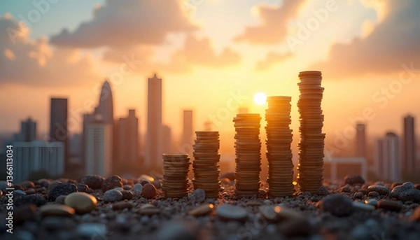 Fototapeta A series of stack of Coins against a city skyline background. Representing Financial Growth and Investment in Real Estate.