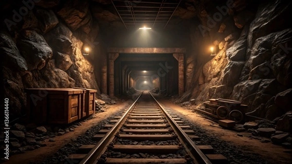 Fototapeta Dimly lit underground mine tunnel with tracks and mining carts. Created with Ai